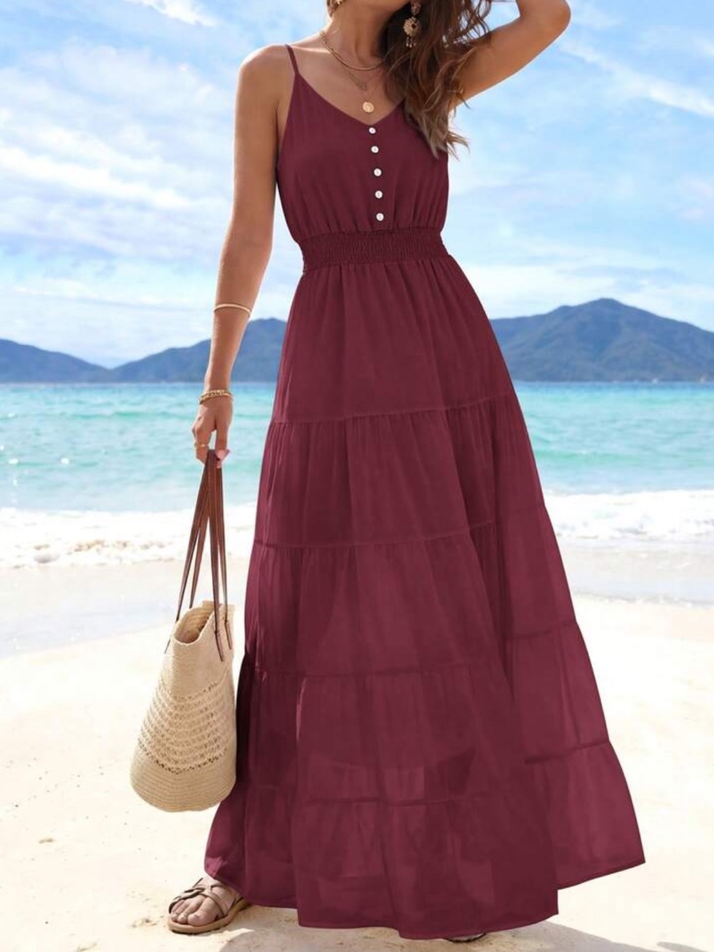 Sleeveless Tiered Maxi Dress in Burgundy